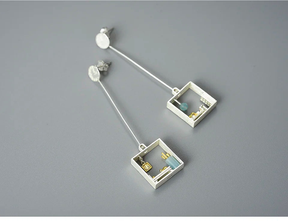925 Sterling Silver Handmade jewelry, Room Scene Earrings with Blue Amazonite & Cat Design