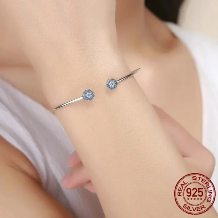 925 Sterling Silver Blue Zircon Open Bangle Bracelet Jewelry