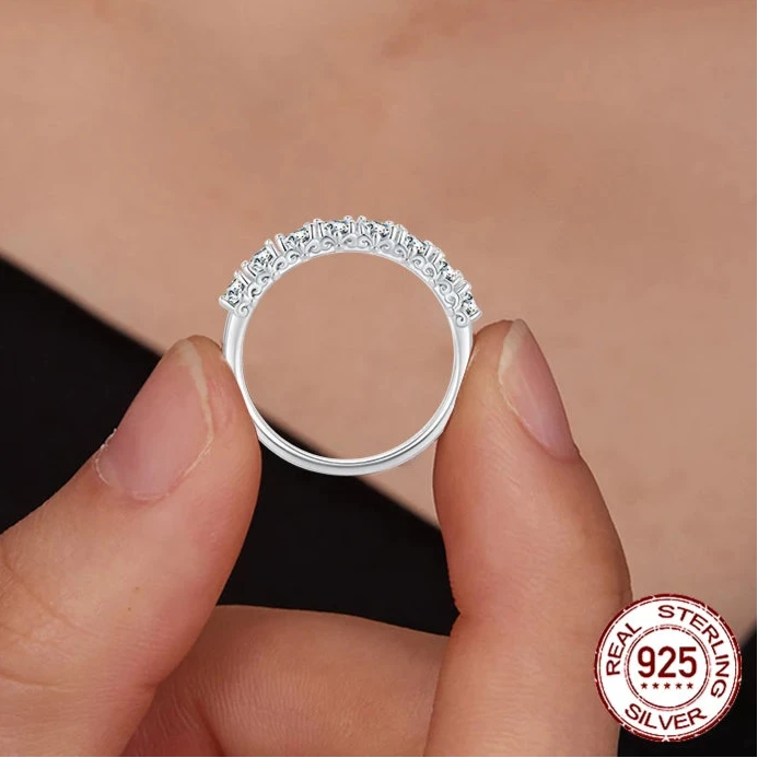 Iris D‑Color Moissanite Lace Band – 925 Sterling Silver Half Eternity Stackable Engagement Ring for Women