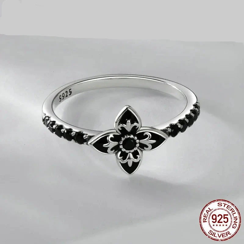 925 Sterling Silver Jewelry Ring with Black Flower Motif and Black Zircon Accent Stones
