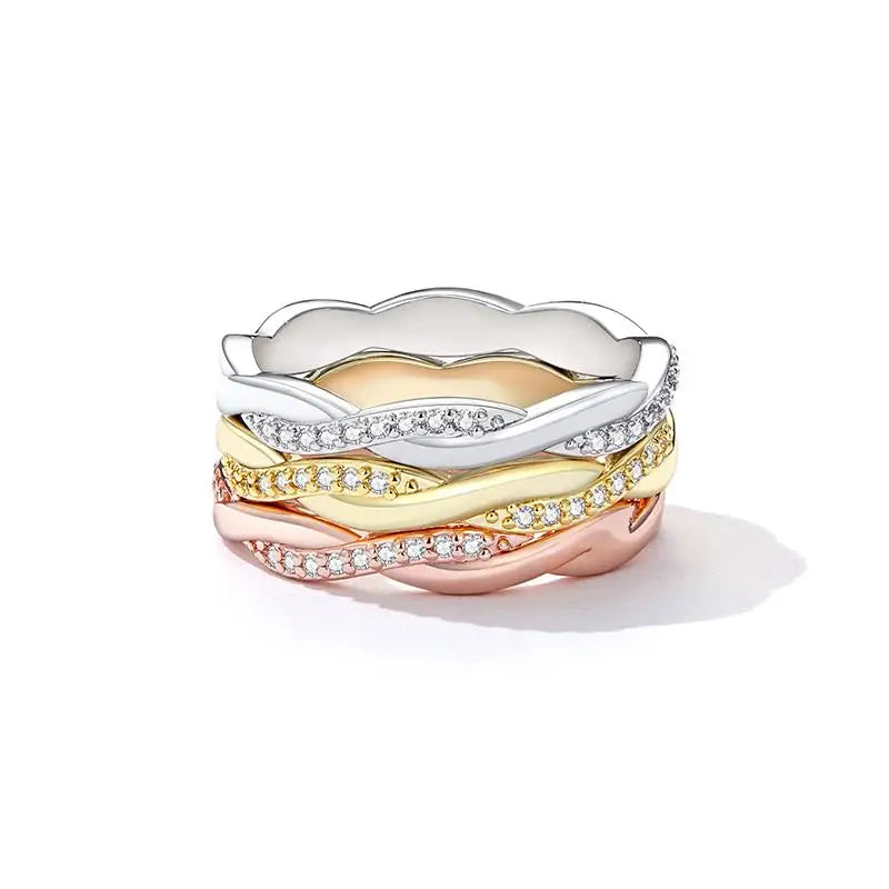 925 Sterling Silver Twisted Rope jewelry Ring with 18K Gold Plated CZ Eternity Band – stackable Fine Jewelry for Women