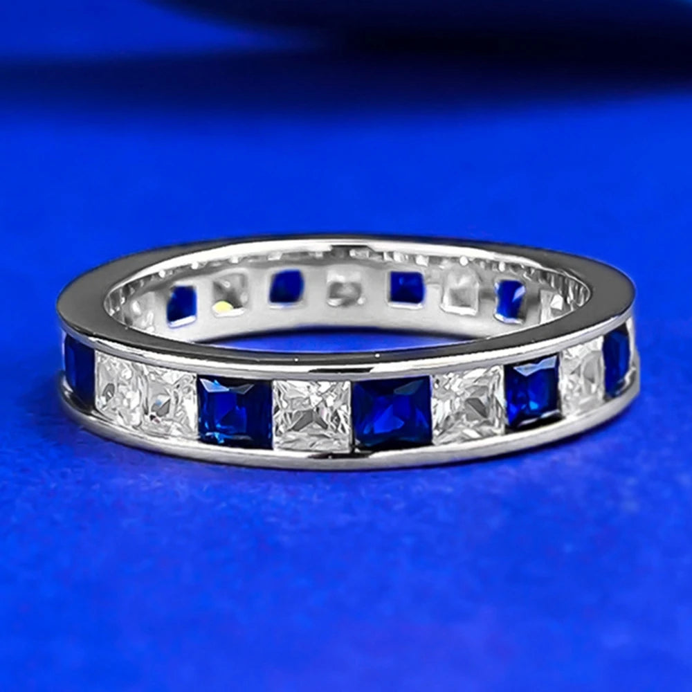925 Sterling Silver Sapphire & 5A Zircon Eternity Ring for Women | Luxury Jewelry Band