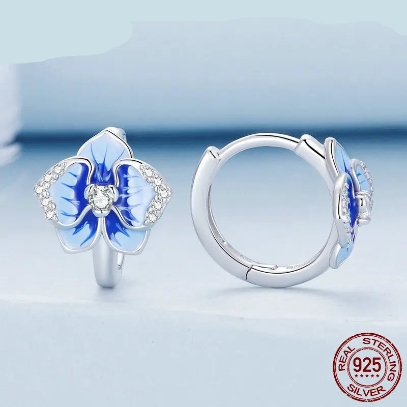 Blue  Butterfly Orchid  Sterling Silver 925 with ZC Floral Hoop Earrings