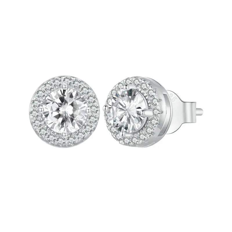 Halo Stud Earrings /925 Sterling Silver White Gold plated with Brilliant Cubic Zirconia