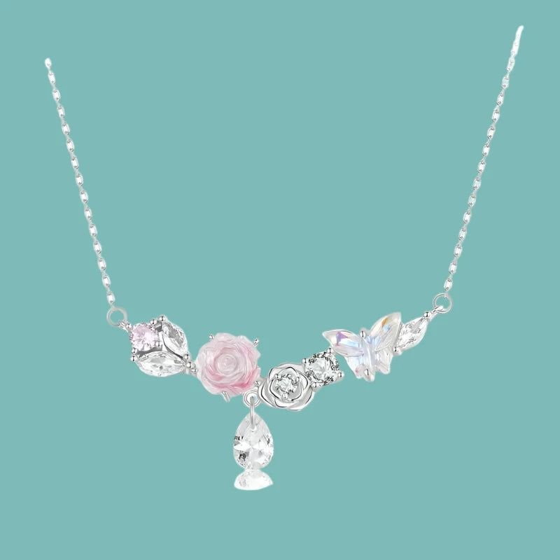 925 sterling silver necklace with zircon stone pendant floral and crystal details