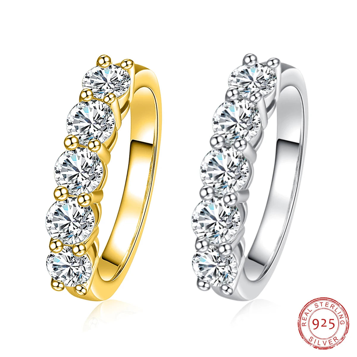 Two rings, one with a gold plating and the other with a silver finish, both featuring a moissanite gemstone band with smaller diamonds set around the main stone.