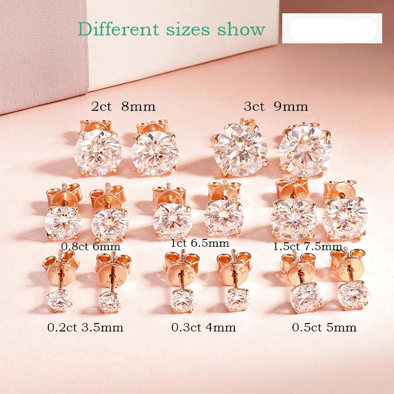 Rose Gold Moissanite Stud Earrings – Real 925 Sterling Silver Fine Jewelry