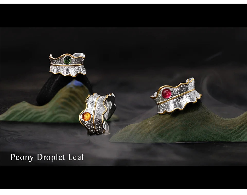 925 Sterling Silver Leaf‑Design Ring with Golden Gemstone – Two‑Tone Nature Inspired Jewelry