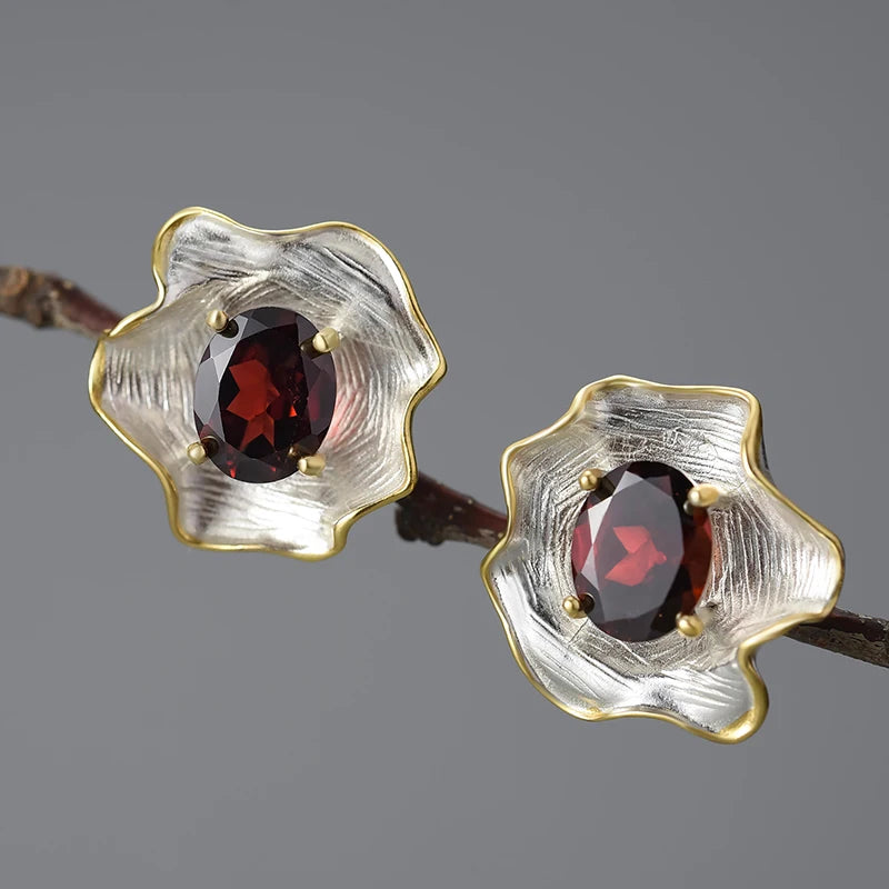 Handmade Blue Topaz Curled Floral Stud Earrings  – 18K Gold-Plated 925 Sterling Silver
