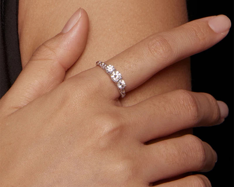 925 Sterling Silver Three‑Stone Lace Moissanite Ring