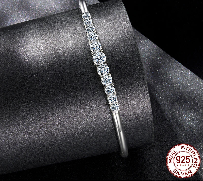 3.6CTTW Moissanite adjustable open bangle in 925 sterling silver featuring D color VVS1 clarity stones with excellent cut brilliance, fine jewelry bracelet.