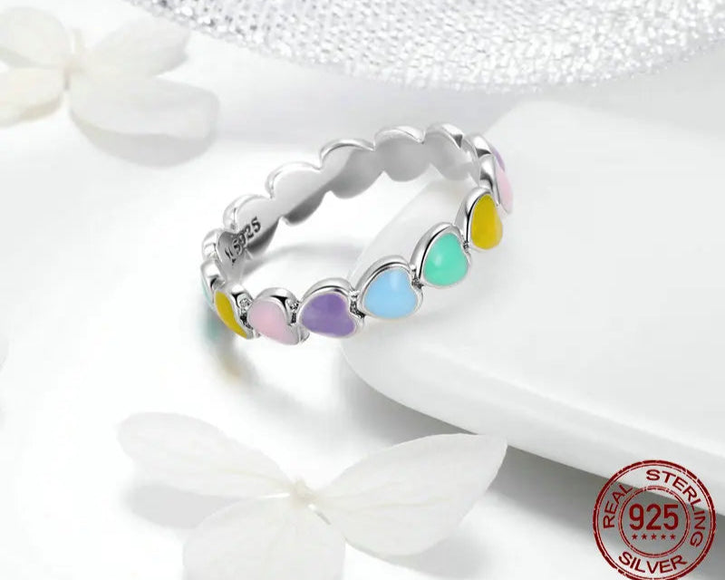 925 Sterling Silver Colorful Heart Ring – Cute Pastel Fine Jewelry for Women