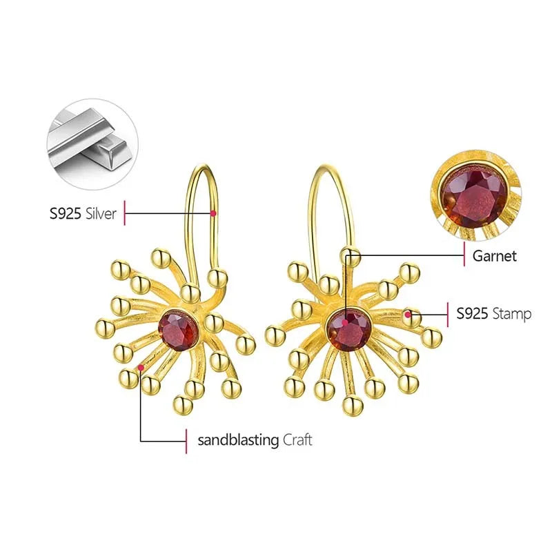 Handmade  925,  Silver Sterling Gold-Plated Starburst Earrings with Red Gemstone – Elegant Artistic Jewelry