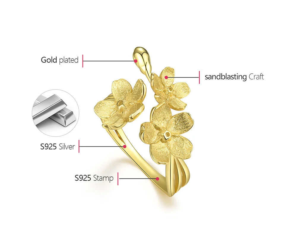 925 Sterling Silver Triple Flower Adjustable Ring – Elegant Fine Jewelry for Women