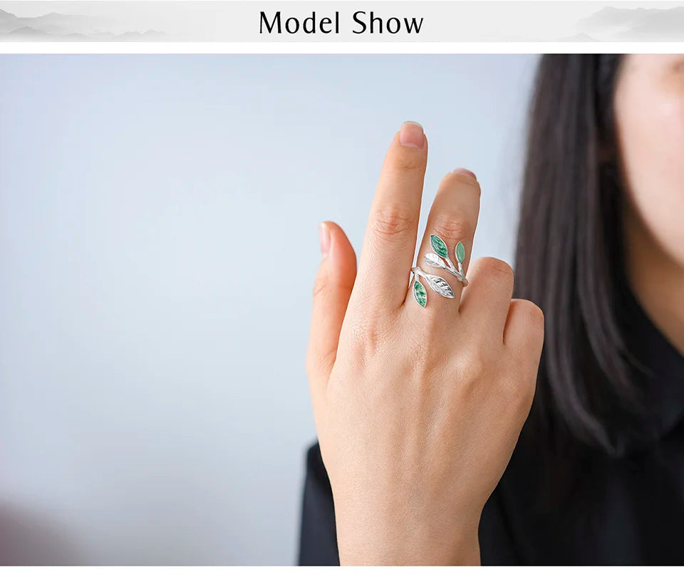 Jewelry Sterling Silver Leaf Ring with Natural Aventurine Gemstone