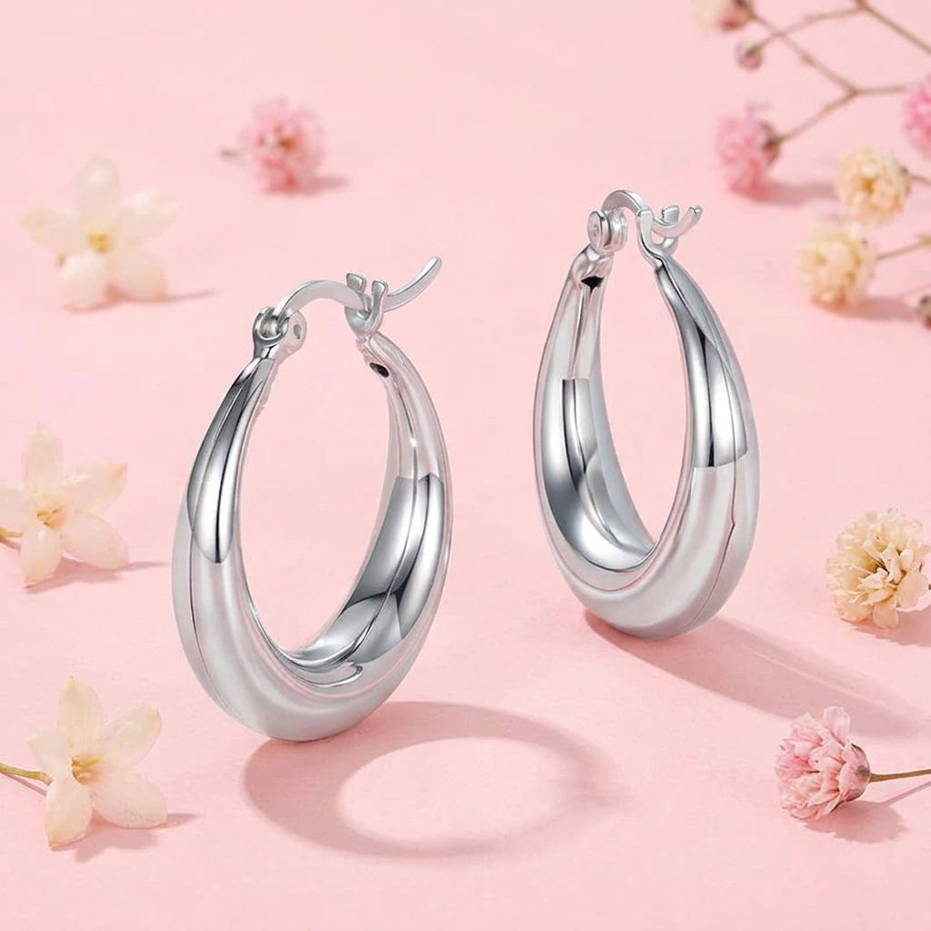 White gold plated chunky hoop earrings with 925 sterling silver posts, hypoallergenic women's jewelry with a polished elegant finish