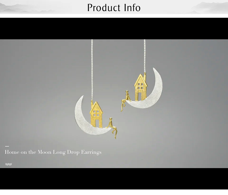 Handmade 18K Gold-Plated Moon &amp; House  Drop Earrings – Real 925 Sterling Silver Celestial Jewelry