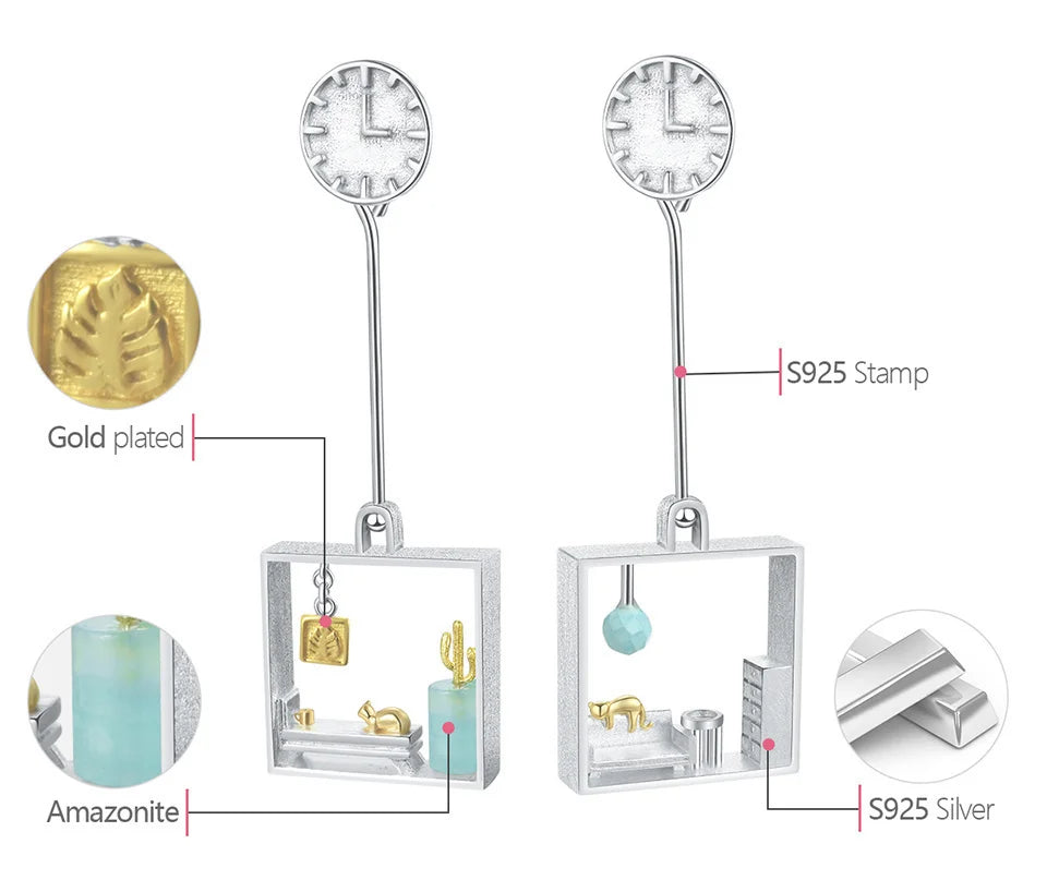 925 Sterling Silver Handmade jewelry, Room Scene Earrings with Blue Amazonite & Cat Design