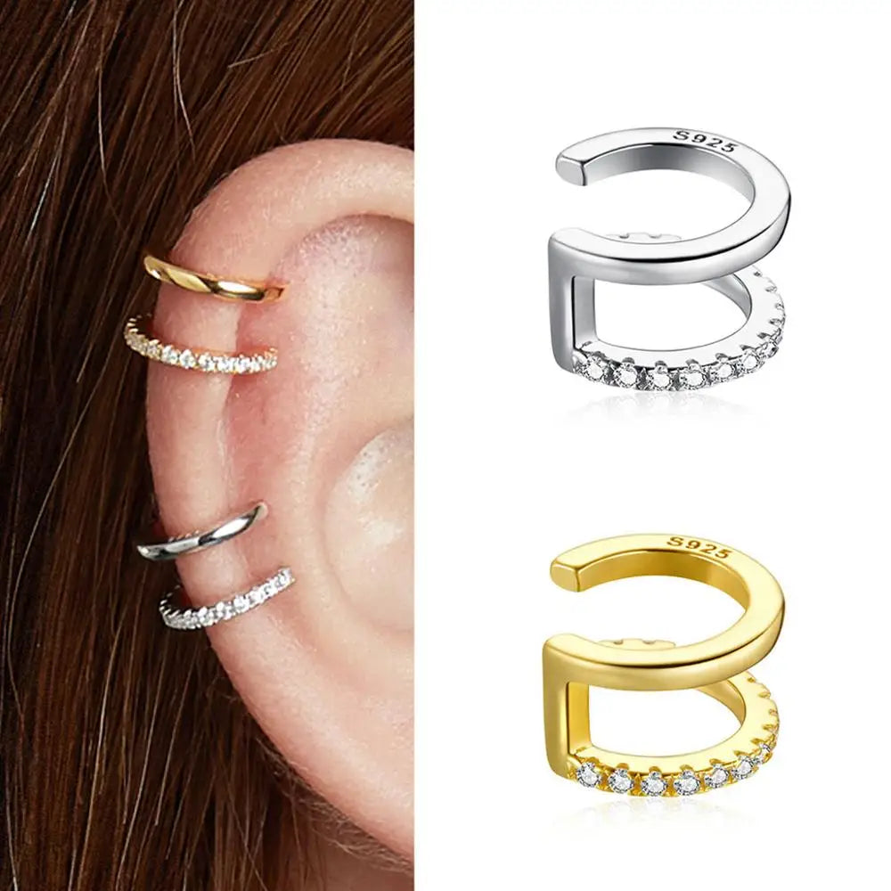 925 sterling silver clip earrings with sparkling zircon stones in gold and silver finishes, elegant jewelry for women