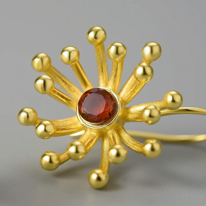 Handmade  925,  Silver Sterling Gold-Plated Starburst Earrings with Red Gemstone – Elegant Artistic Jewelry