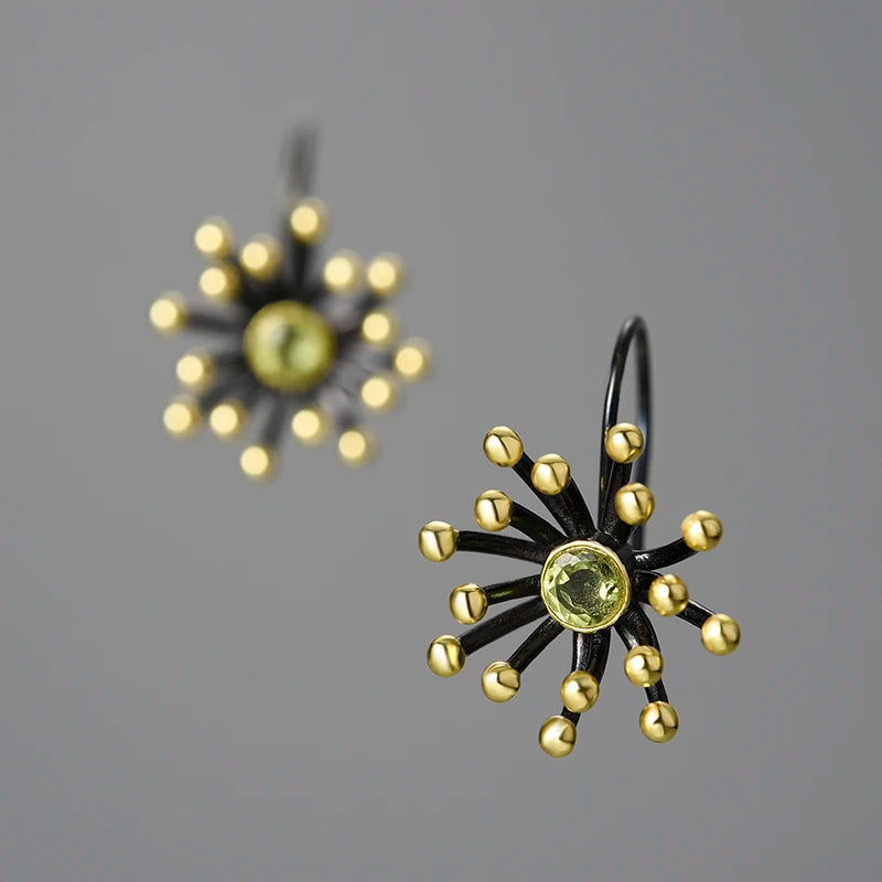 Handmade  925,  Silver Sterling Gold-Plated Starburst Earrings with Red Gemstone – Elegant Artistic Jewelry