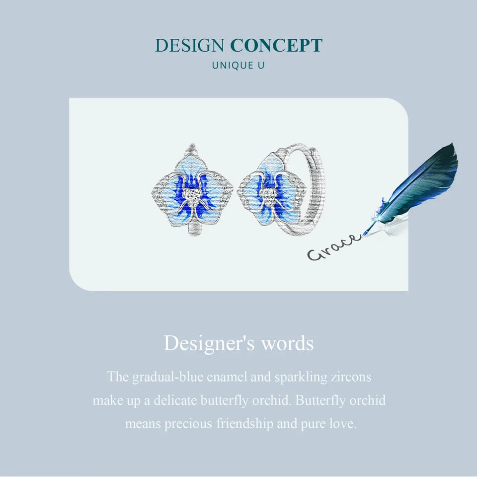 Blue  Butterfly Orchid  Sterling Silver 925 with ZC Floral Hoop Earrings
