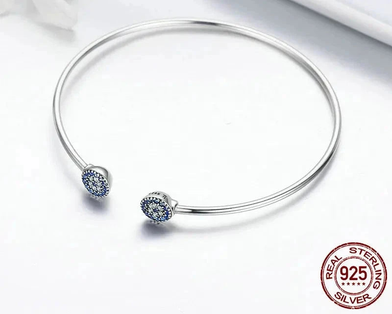 925 Sterling Silver Blue Zircon Open Bangle Bracelet Jewelry