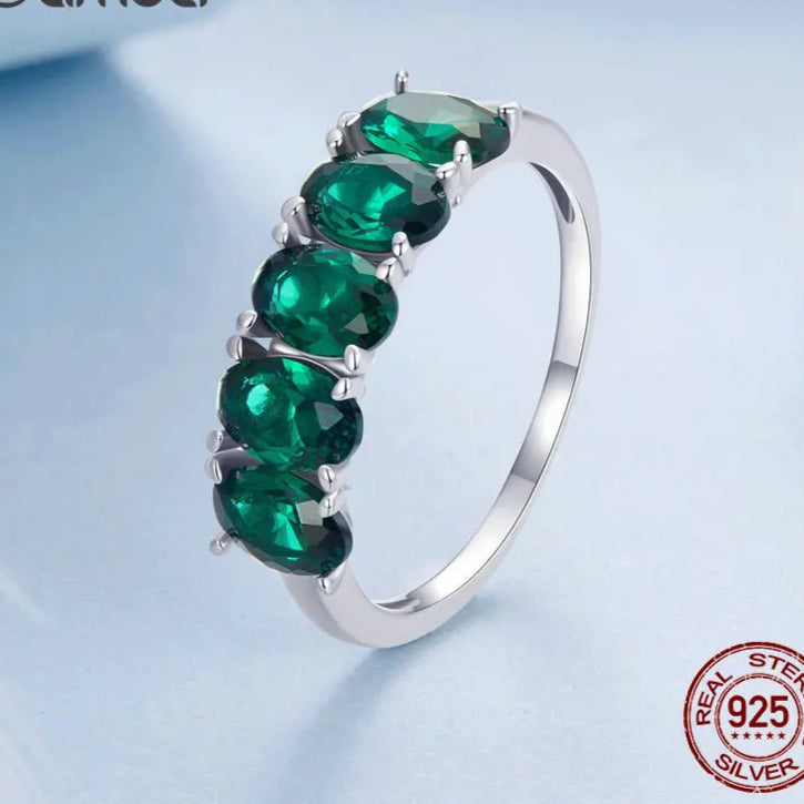 100% 925 Sterling Silver Green Zircon Row Ring – Luxurious Fine Jewelry for Women