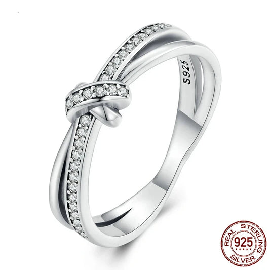 925 Sterling Silver Jewelry Crossover Knot Ring with Sparkling CZ Accent Stones and Twisted Band Design