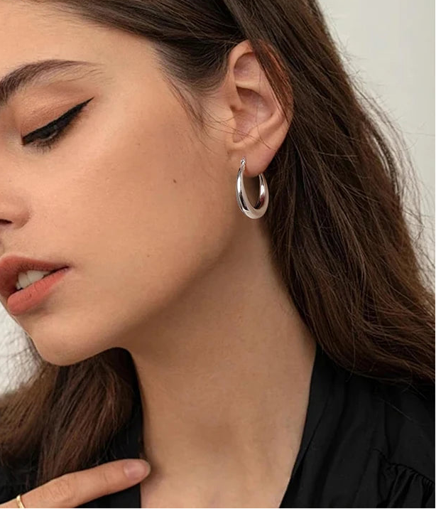 White gold plated chunky hoop earrings with 925 sterling silver posts, hypoallergenic women's jewelry with a polished elegant finish