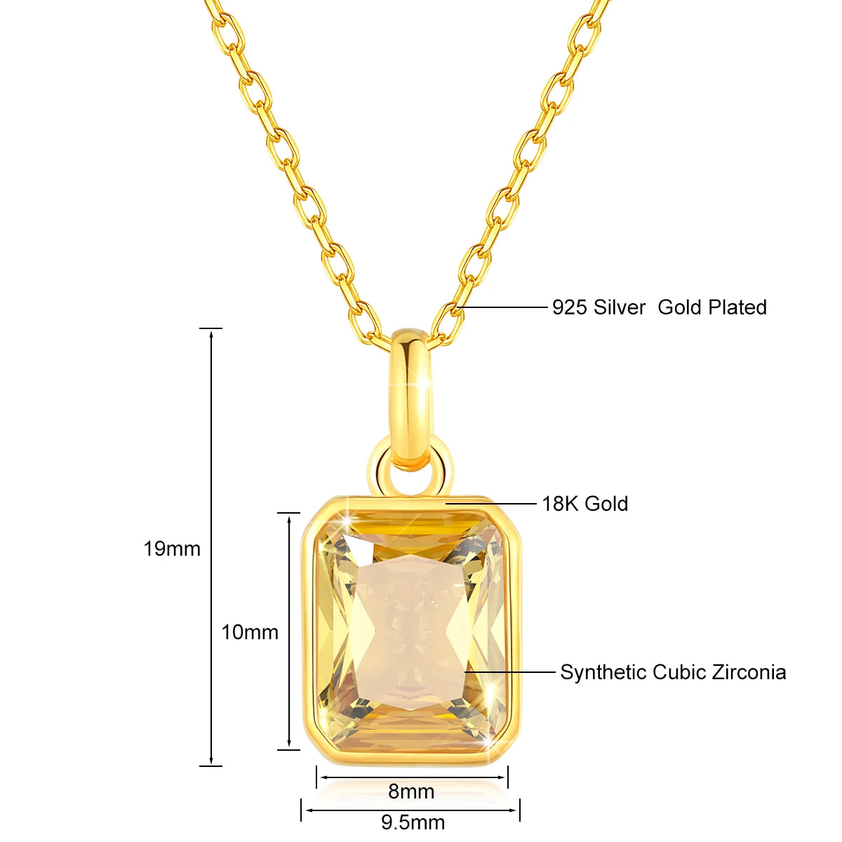 cubic zirconia pendant necklaces in  yellow elegant 18K gold-plated frames with matching gold chains. 