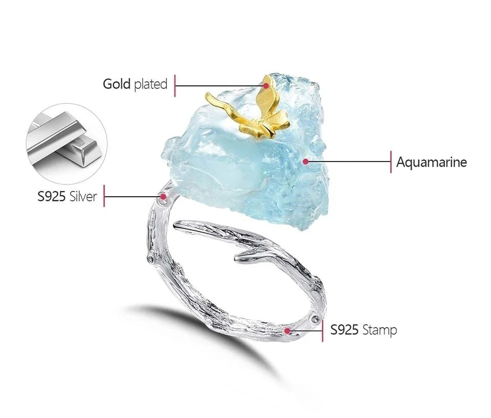 Adjustable Aquamarine Butterfly Ring – Original 925 Sterling Silver Luxury Gemstone Jewelry for Women