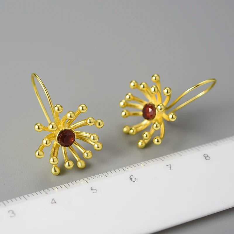 Handmade  925,  Silver Sterling Gold-Plated Starburst Earrings with Red Gemstone – Elegant Artistic Jewelry
