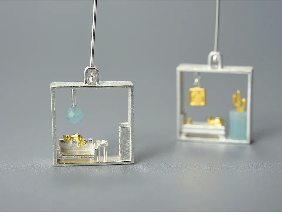 925 Sterling Silver Handmade jewelry, Room Scene Earrings with Blue Amazonite & Cat Design