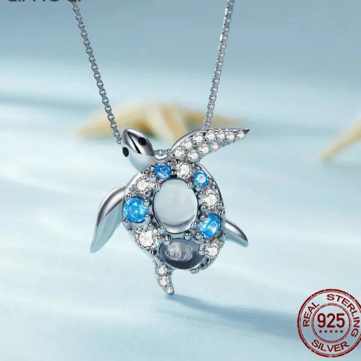 Blue Ocean Turtle jewelry Necklace – 925 Sterling Silver, Platinum Plated & ZC
