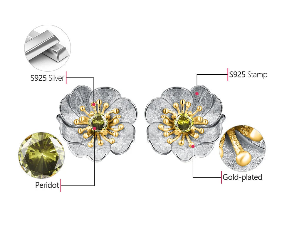 Handmade 18K Gold-Plated Floral Stud Earrings –  925 Sterling Silver with Multiple Gemstone Options