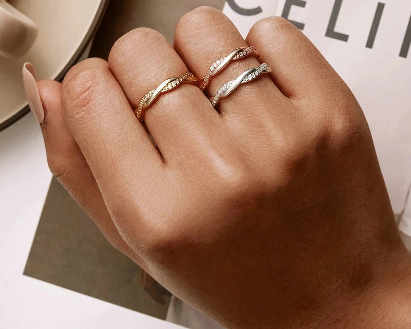 925 Sterling Silver Twisted Rope jewelry Ring with 18K Gold Plated CZ Eternity Band – stackable Fine Jewelry for Women