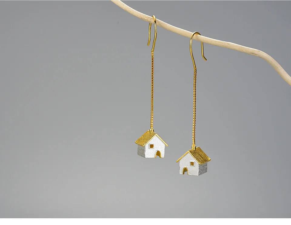 Handmade House Pendant Earrings – Real 925 Sterling Silver with Gold Plating