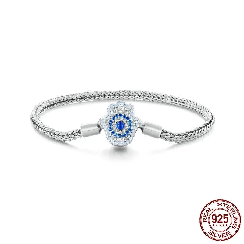 925 Sterling Silver Platinum-Plated Blue Zircon Evil Eye Charm Bracelet