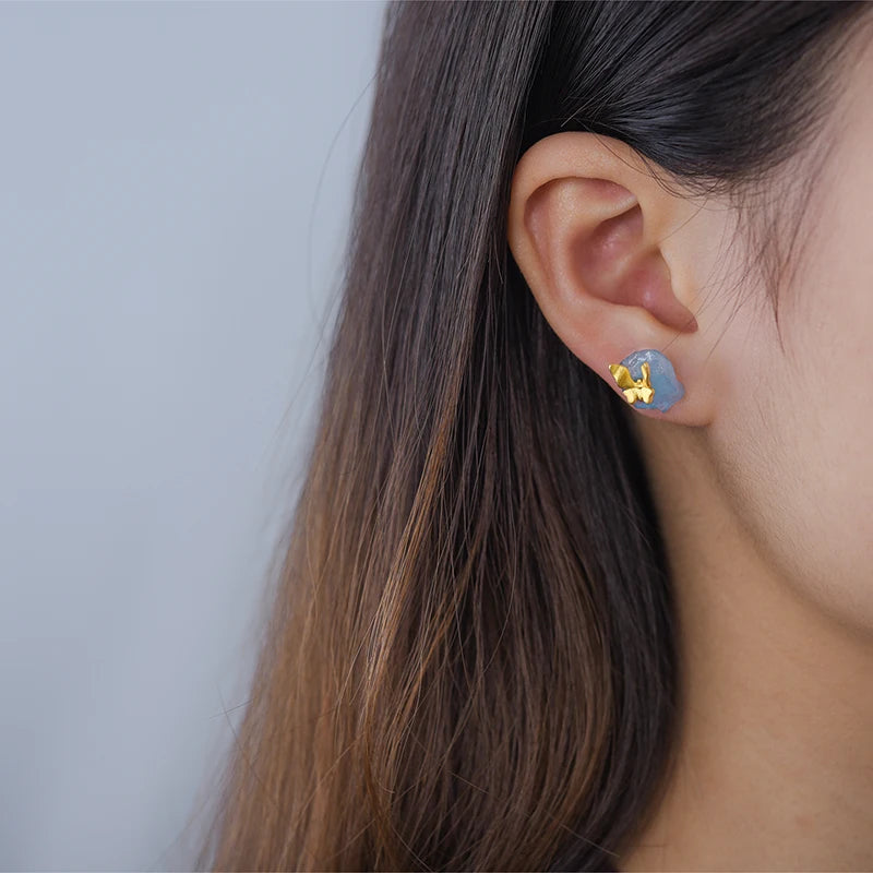 Butterfly Stud Earrings, 925 Sterling Silver Aquamarine Center Stone with Silver or Gold Butterfly Design