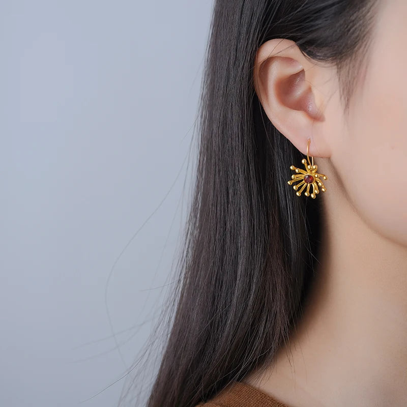 Handmade  925,  Silver Sterling Gold-Plated Starburst Earrings with Red Gemstone – Elegant Artistic Jewelry