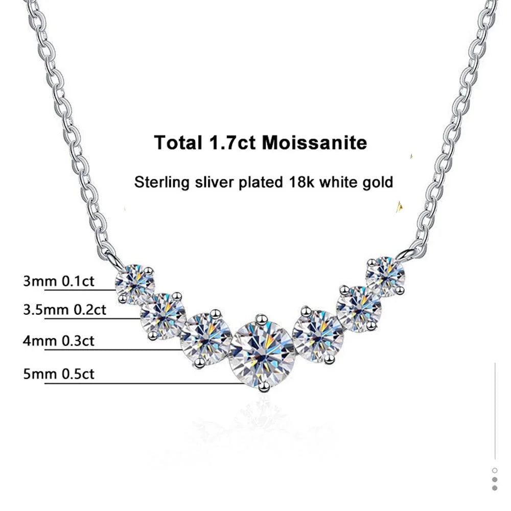 925 Sterling Silver Jewelry Necklace with Graduated Moissanite Stones and Curved Pendant Design

