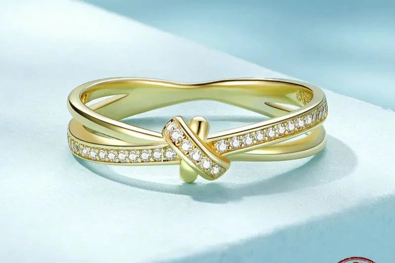 925 Sterling Silver Crossover Knot Ring – Elegant CZ Accent Fine Jewelry for Women