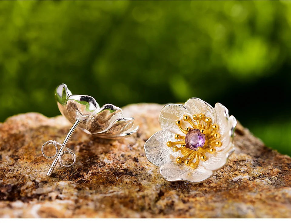 Handmade 18K Gold-Plated Floral Stud Earrings –  925 Sterling Silver with Multiple Gemstone Options