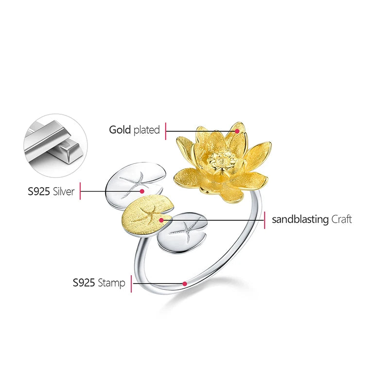 925 Sterling Silver Water Lily & Lotus Adjustable Ring – Elegant Statement Jewelry for Women