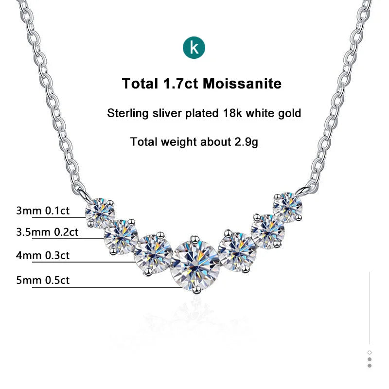 925 Sterling Silver Jewelry Necklace with Graduated Moissanite Stones and Curved Pendant Design
