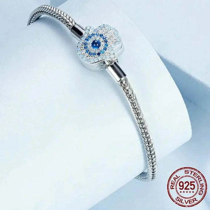 925 Sterling Silver Platinum-Plated Blue Zircon Evil Eye Charm Bracelet
