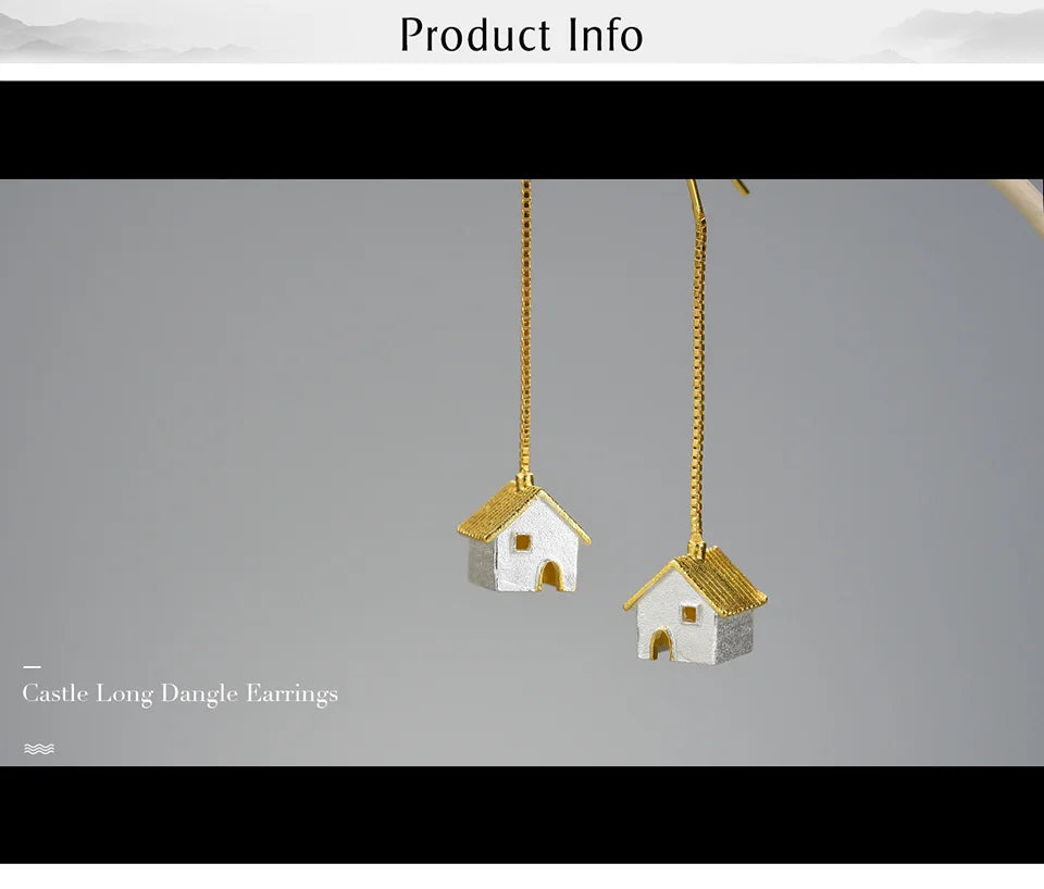 Handmade House Pendant Earrings – Real 925 Sterling Silver with Gold Plating