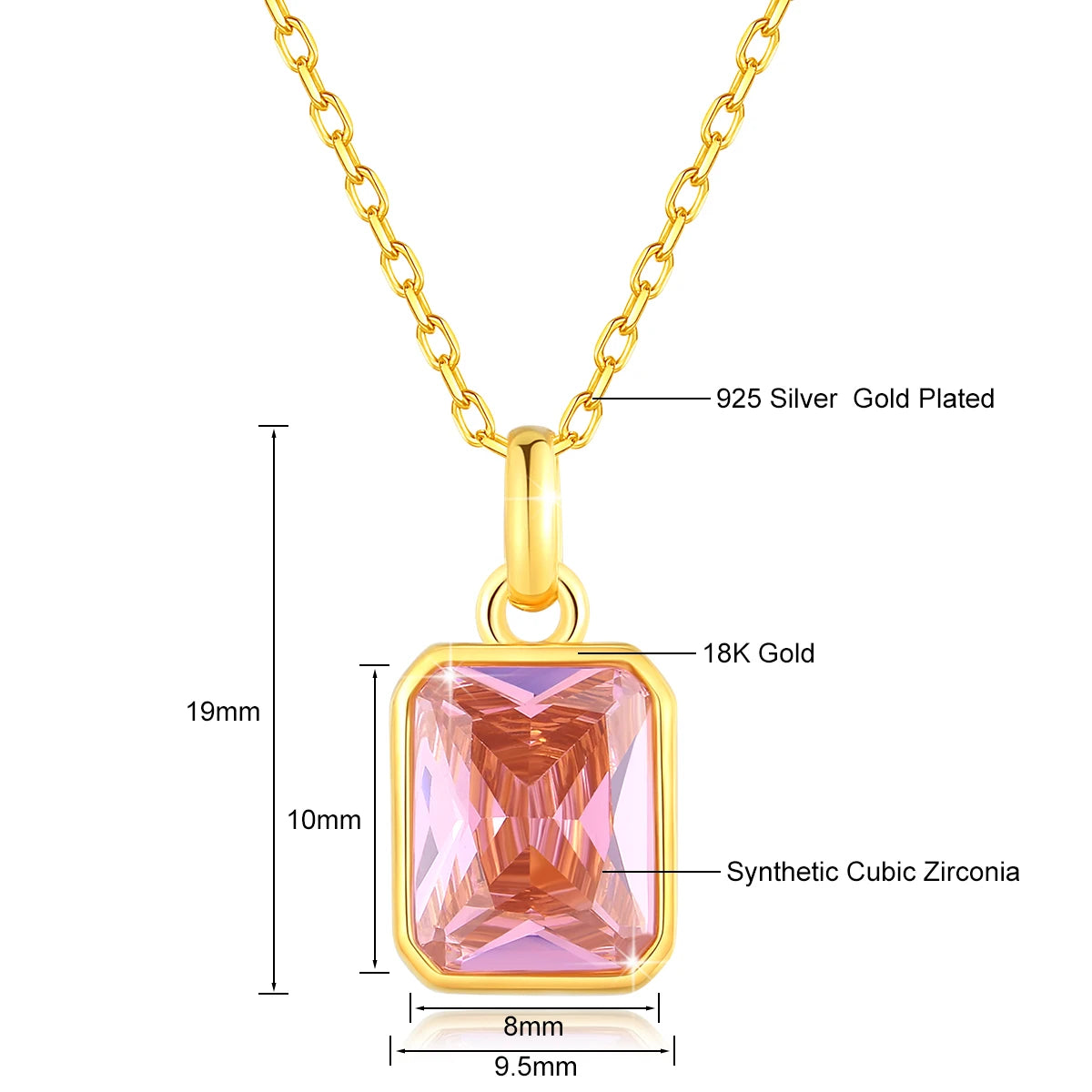 cubic zirconia pendant necklaces in  pink elegant 18K gold-plated frames with matching gold chains. 