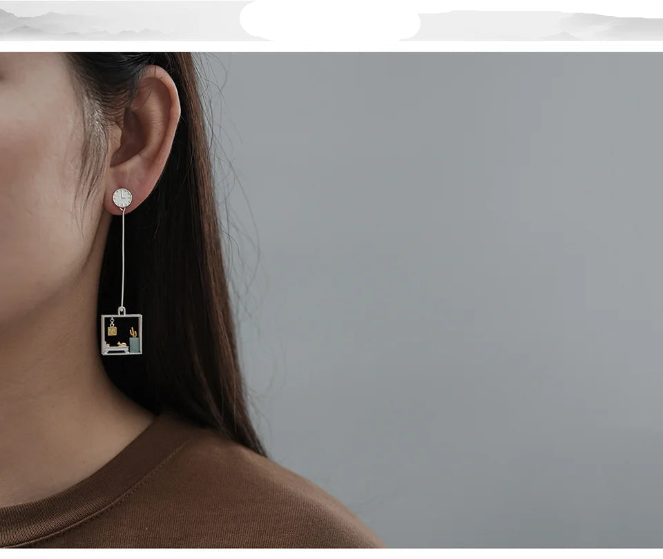 925 Sterling Silver Handmade jewelry, Room Scene Earrings with Blue Amazonite & Cat Design